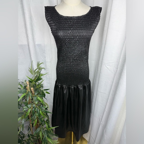 NEW MISA Los Angeles Priyanka Black Smocked Faux-Leather Sleeveless Dress XS